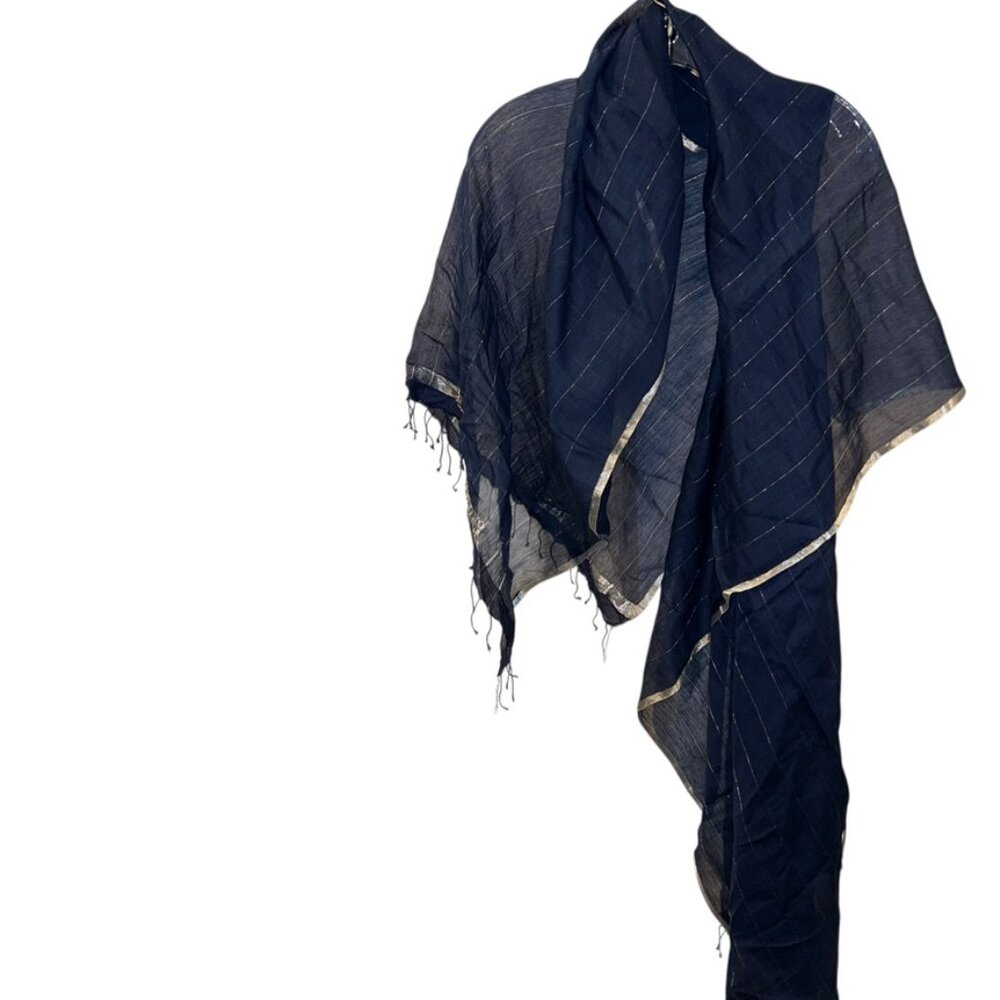 Sete de Jaipur India blue silver metallic trim DUPATTA scarf shawl wrap NEW